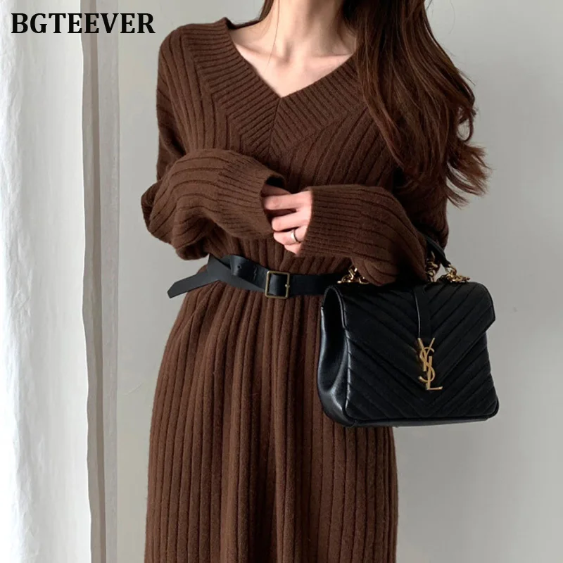 Осенне-зимнее прямое трикотажное платье для женщин с v-образным вырезом женское