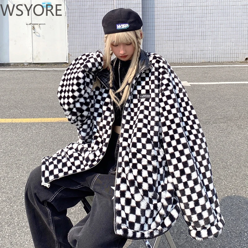 WSYORE верхняя одежда оверсайз Шахматная Двусторонняя кожаная куртка Женское