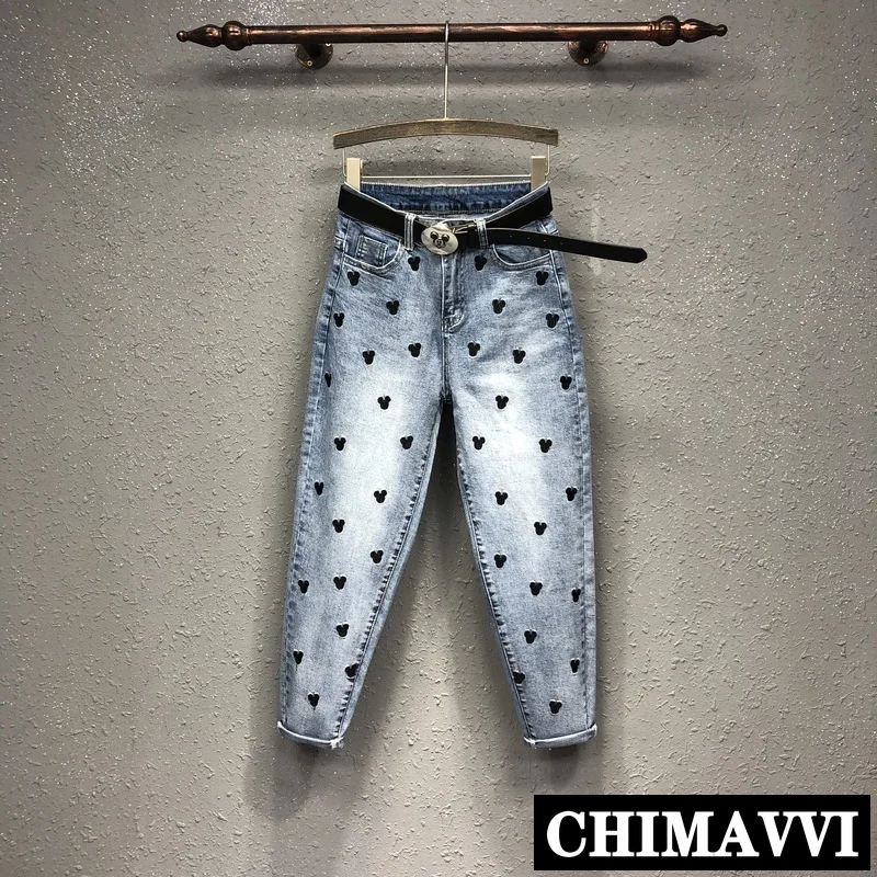 

High Street Jeans 2020 Retro Women's Cartoon Embroidered Stretch Jeans Pants Ripped Female Loose Harem Trousers Denim Pants
