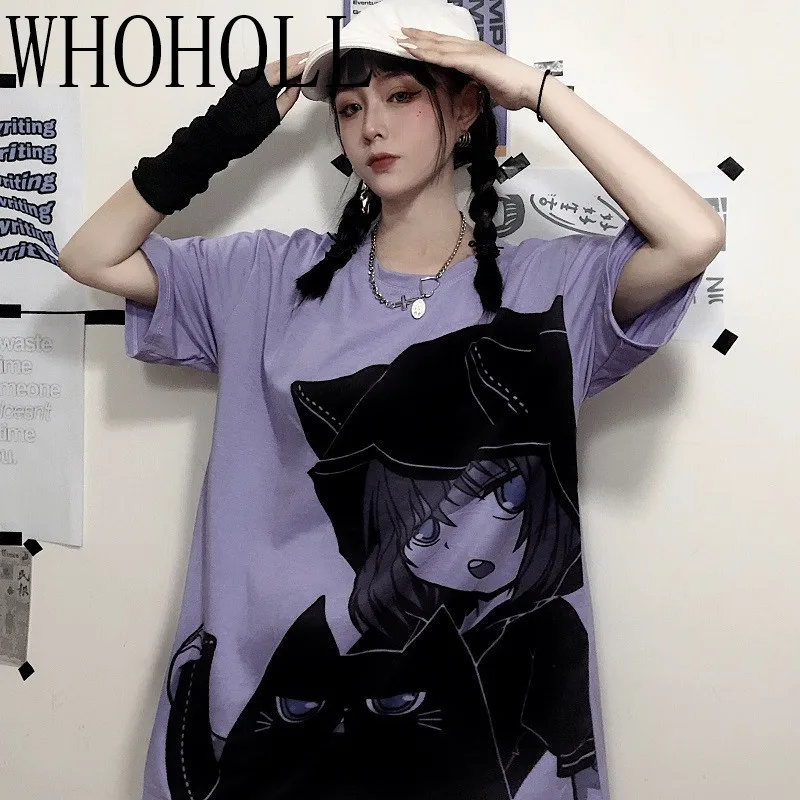 

WHOHOLL Women Dark Cartoon Girl Print Short Sleeve Gothic Punk Loose T-shirt For Women Man Couples Top Tee Casual Lady T-shirt