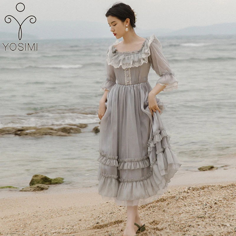 

YOSIMI серое длинное женское платье 2021 летнее платье в винтажном стиле; С квадратным вырезом; Сапоги до середины икры с каскадными оборками веч...
