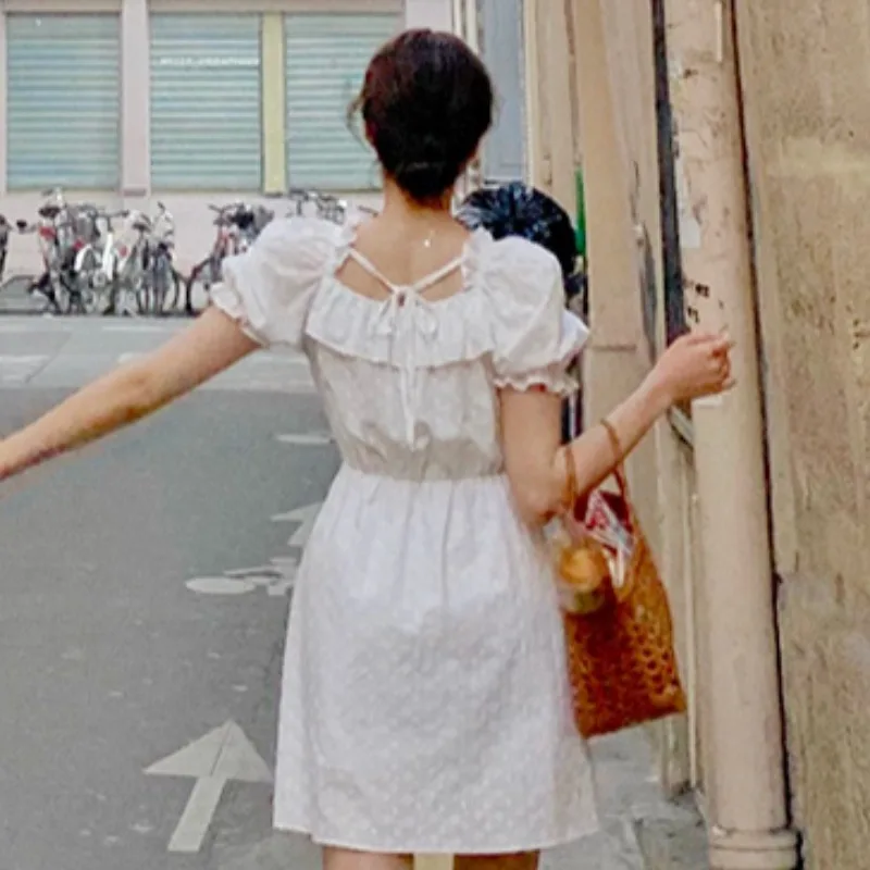 

KUSAHIKI Sweet Square Collar Ruffle Dresses Puff Short Sleeve Slim Waist Vestidos Femme 2021 Summer New Woman Dress 6H377