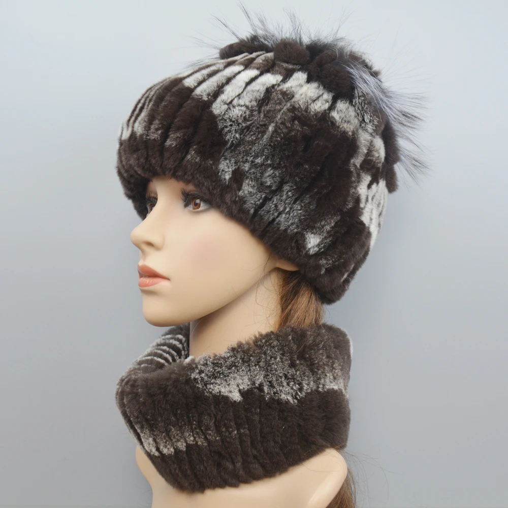 

New Style Lady Knit Fur Hats Muffler 2 Pieces Women Warm Rex Rabbit Fur Hat Scarf Sets Winter Natural Rex Rabbit Fur Cap Scarves