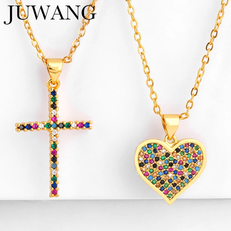 

CZ Rainbow Cross Heart Pendant Necklace Gold Woman Zirconia Necklace Chain Stone Rainbow Jewelry