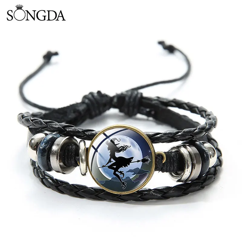 

Broom Flying Witch Moon Leather Bracelet Men Womens Multilayer Wristband Hand Craft Art Glass Cabochon Bracelets Jewelry Gifts