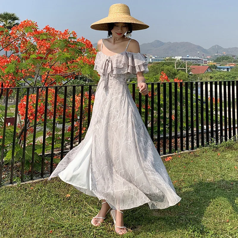 2020 Summer New Sexy Backless One Word Sling Dress Women Boho Chiffon Beach Ladies Vintage Elegant Party Dresses Vestidos | Женская