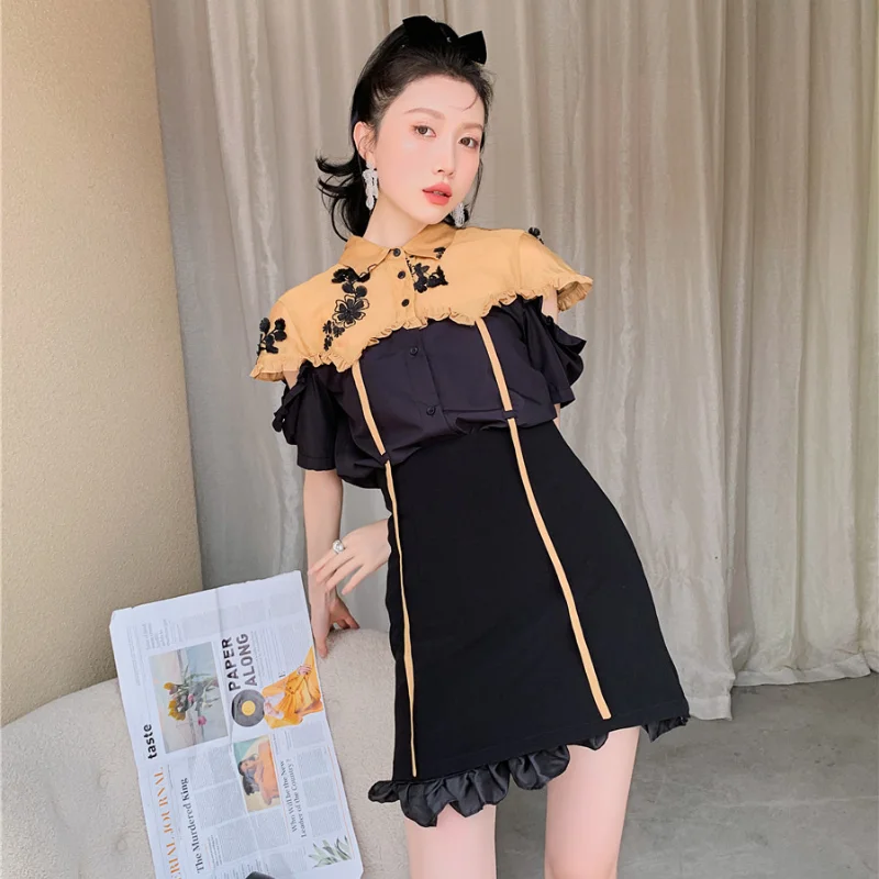 

Kimotimo Embroidery Patchwork Shirts Women Summer Design Ruffles Bandage Loose Button Up Tops 2021 Ins New Age Reduction Blouse