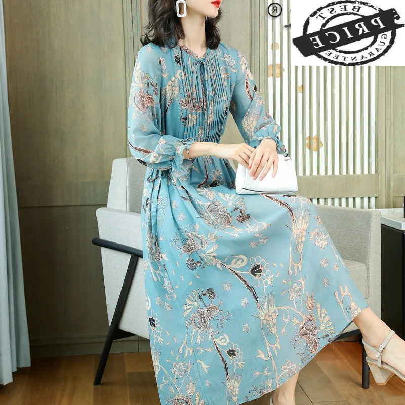 

Dress Spring Summer Woman 100% Silk Korean Floral Dresses for Women Elegant Dress Long Sleeve 2021 Vestido De Mujer aa LW