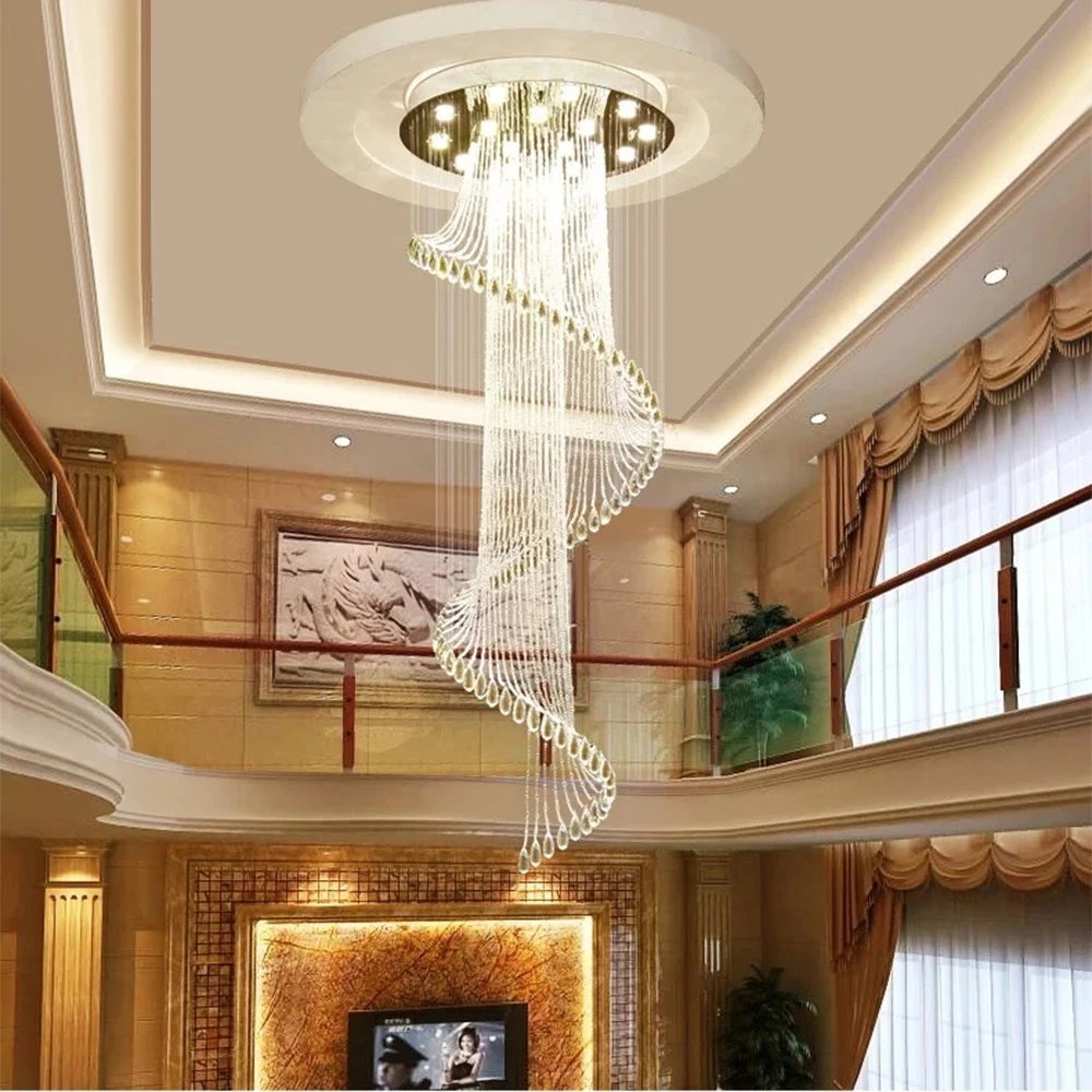 

Modern Spiral Staircase Chandelier Lustre Crystal Loft Restaurant Hotel Hall Villa Living Room Long Illumination Lights