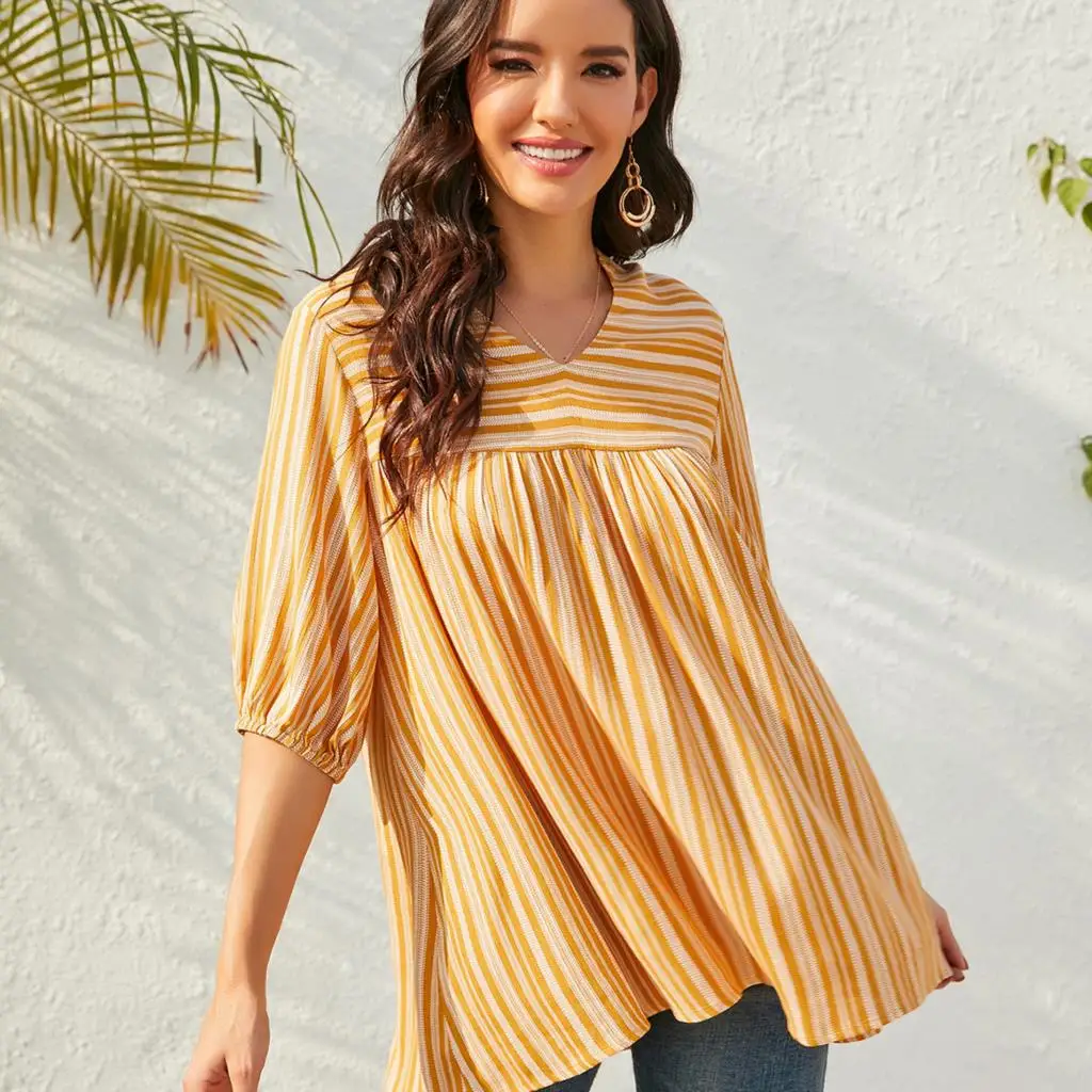 

Retro Striped Shirt 2021 Spring Autumn Women Half Sleeve V Neck Loose Shirts Tops Casual Female Bohemian Chic Blouses Fashion