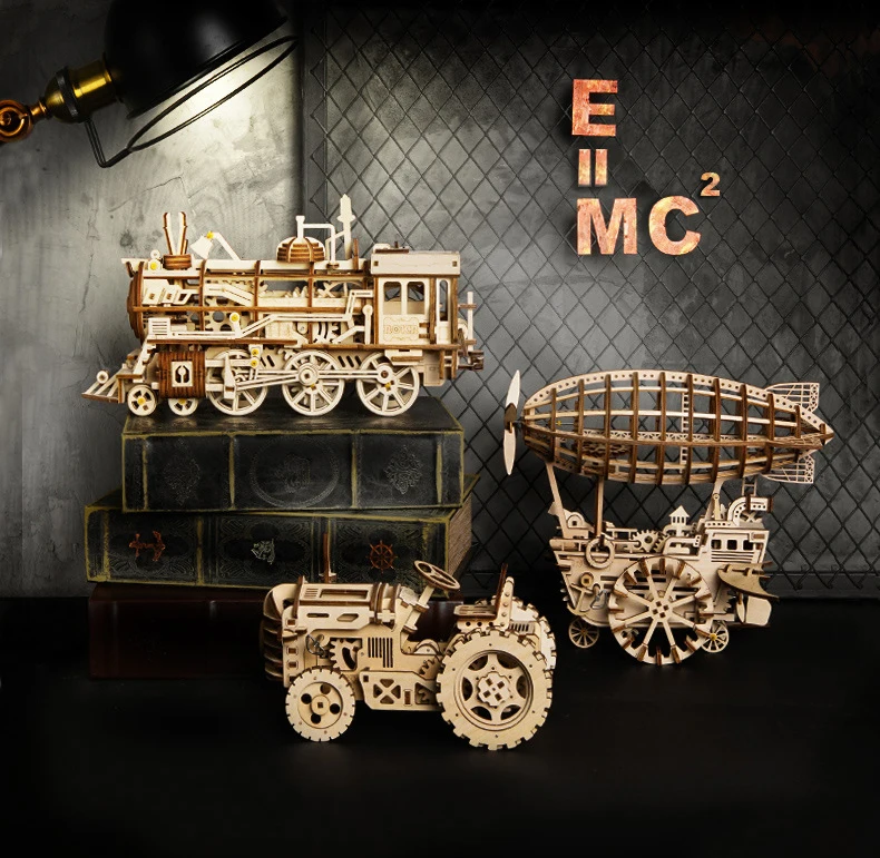 3D Wooden Train Airship Tractor Puzzle Games Assembly Model Kits Toys For Children Kids Girls Birthday Gift