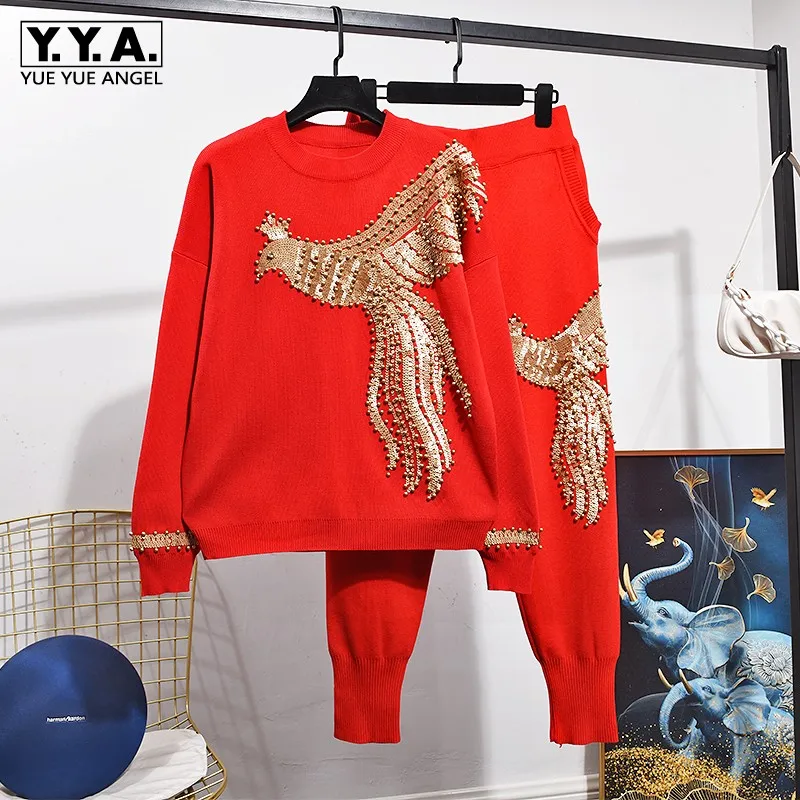 

Red Beading Sequins Phoenix Knitted Pullover Harem Pants Suit Women Autumn Winter Fashion Casual Sweater Two-Piece Sets Female