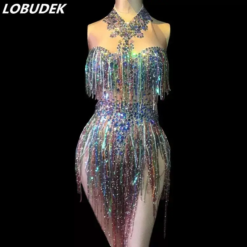 Colorful Sequins Rhinestones Tassels Bodysuit Sleeveless Crystals Jumpsuit Sexy Nightclub Women Singer Stage Wear Dance Costumes