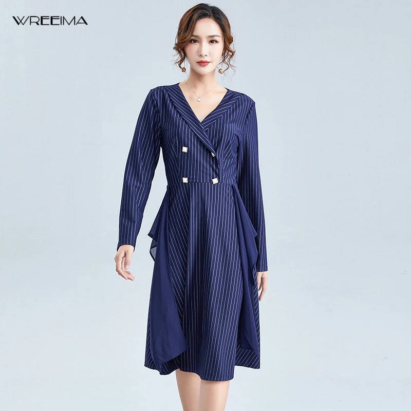 wreeima blue Stripe Women Dresses Office Lady Elegant Dress Turn-Down Collar Long Sleeve 2019 Autumn Button knee length | Женская одежда