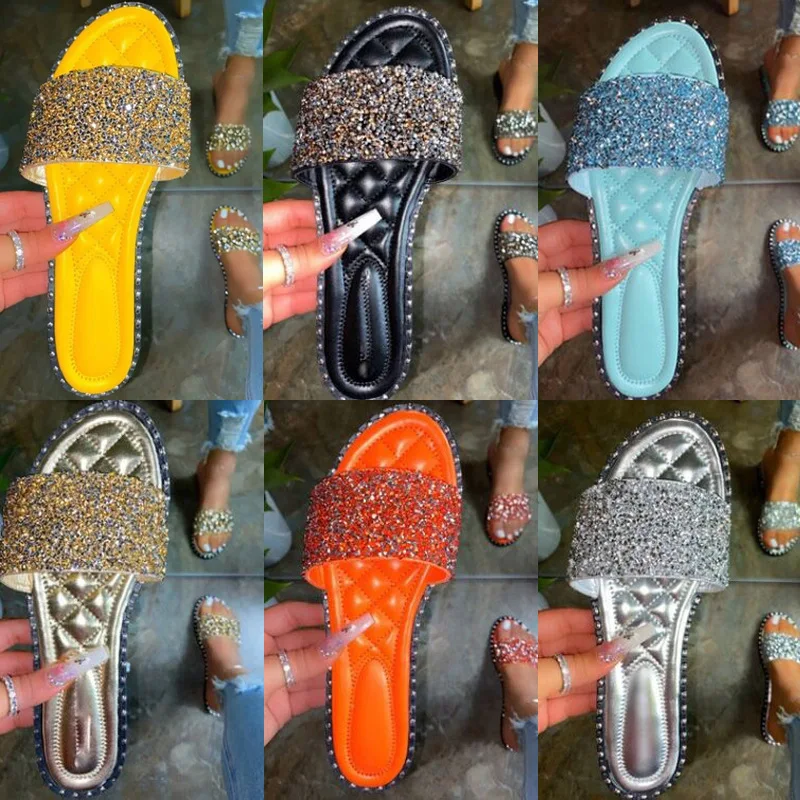 

Женские Кристальные заклепки шлепанцы без задника с открытыми пальцами; Повседневные летние туфли на плоской подошве; Пляжные шлепанцы; Же...