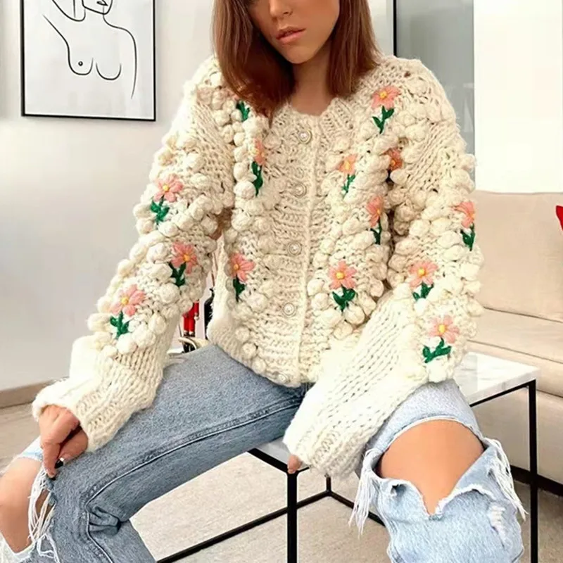 Floral Crochet Women Single Breasted Sweater Pearl Buttons Loose Sweet Autumn Winter 2021 Female O-Neck Sweaters