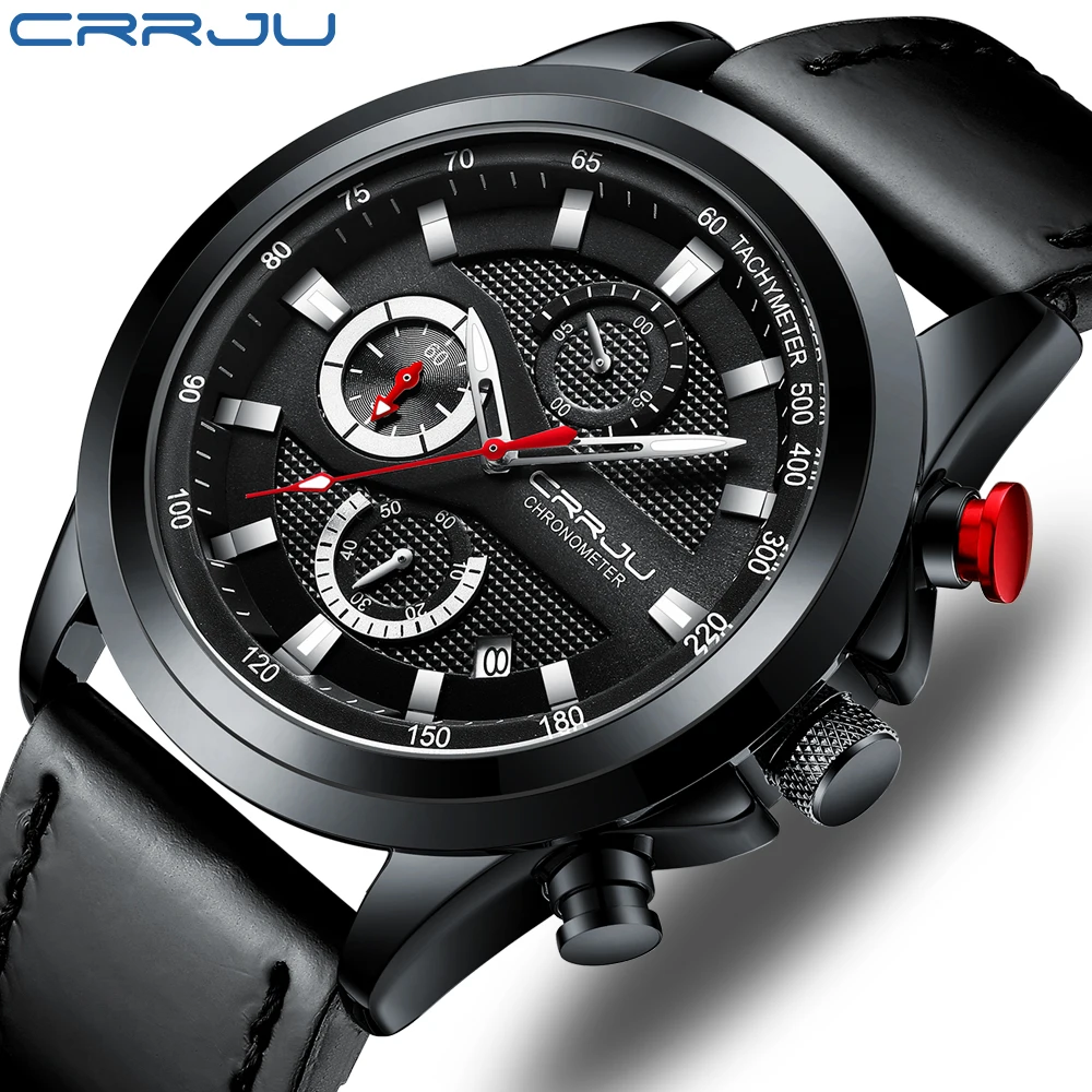 

2020 CRRJU New Men Watches Top Brand Luxury Big Dial Military Quartz Watch Leather Waterproof Sport Wristwatch Relogio Masculino