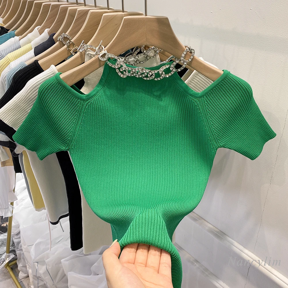 Сексуальный женский топ в Корейском стиле пуловер с вырезами вязаная футболка из