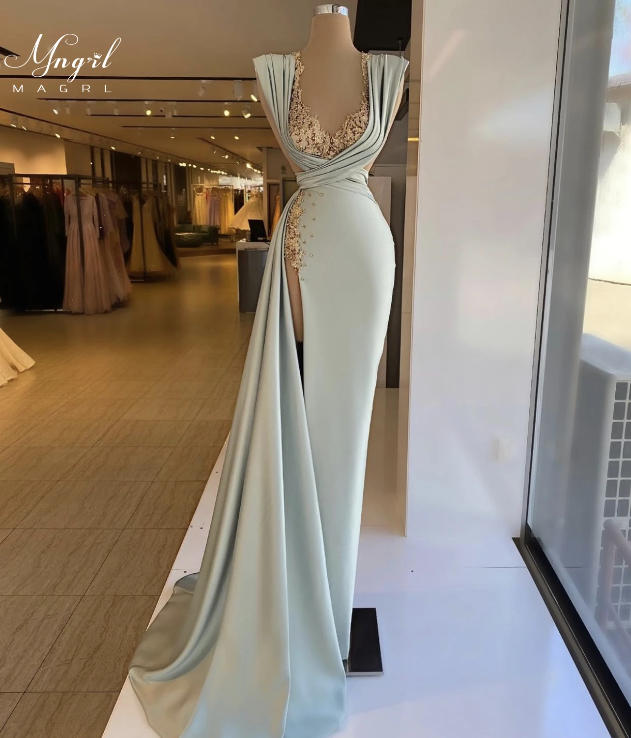 

MNGRL Luxury Evening Dress One-shoulder Long Sleeves Hand-applied Diamonds Glittering 2021 New Evening Dress Party Dress