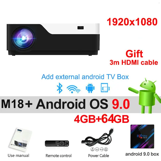 M18 Android 9.0 64G Vivicine M18 1080p светодиодный проектор, дополнительно Android 9,0 HDMI USB PC Full HD домашний мультимедийный видеопроектор - Цвет: M18 Android 9.0 64G