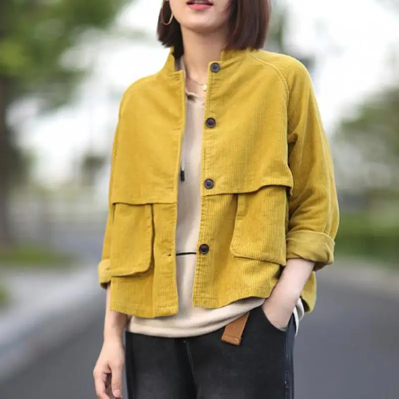 Light yellow Johnature осеннее повседневное модное лоскутное вельветовое пальто с карманами и стоячим воротником Новое однотонное винтажное женское короткое пальто с длинным рукавом - Цвет: Light yellow