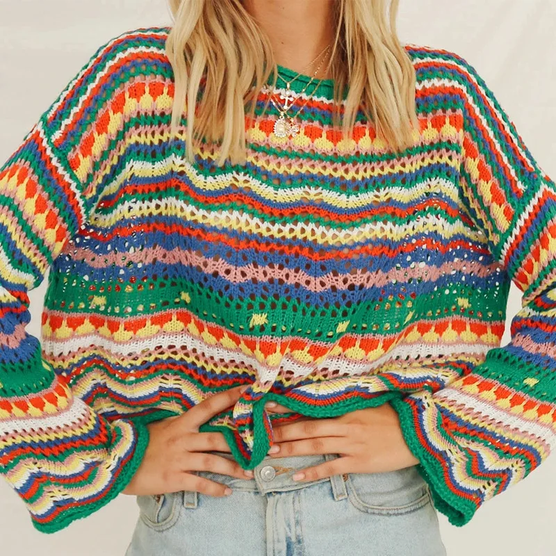 

Autumn Winter Color Block Striped Sweaters Women Loose Pullover Tops Casual Long Flared Sleeves Round Collar Knit Tops