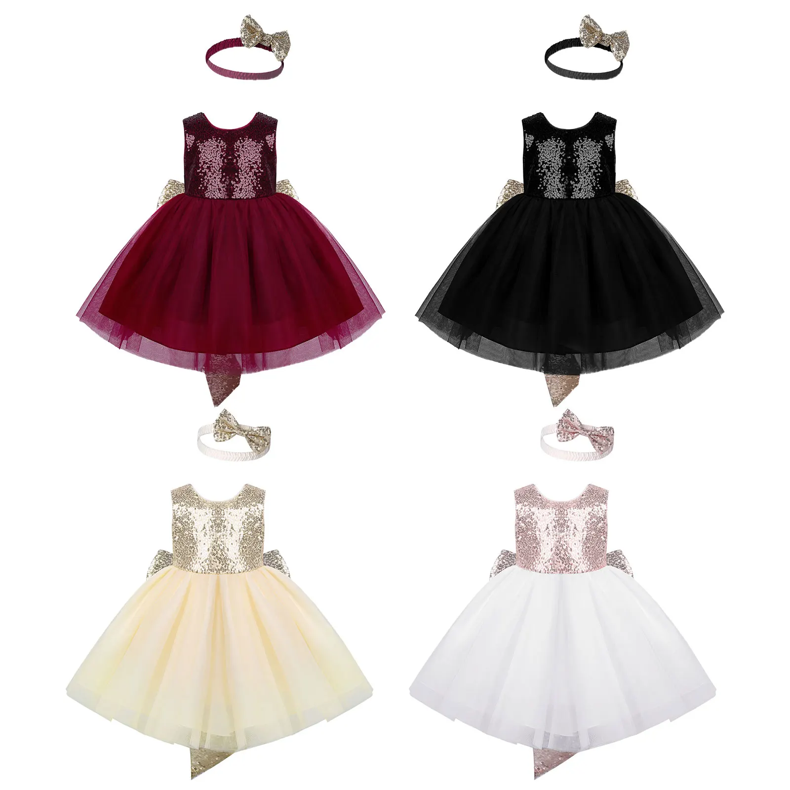 

Infant Baby Girls Dance Dress Shiny Sequins Round Neck Sleeveless Mesh Tutu Dress Party Dress With Sequined Bowknot and Headband