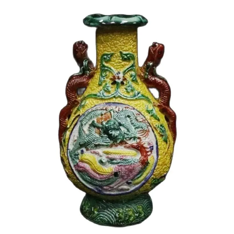 Chinese Old Porcelain Yellow Ground Pastel Relief Dragon And Phoenix Pattern Amphora Vase