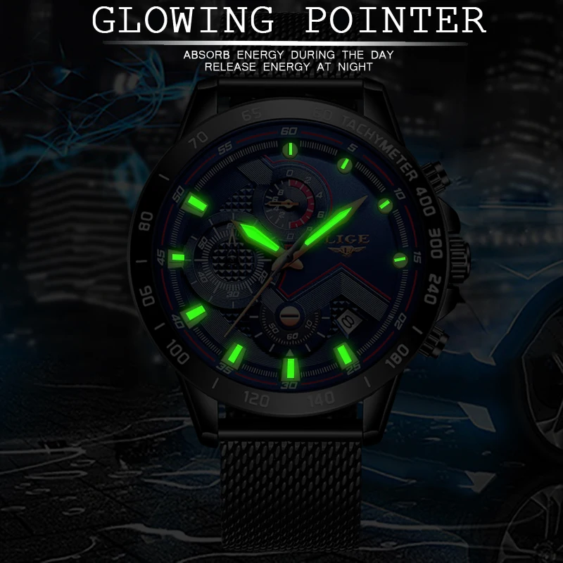 Часы наручные LIGE Мужские кварцевые брендовые Роскошные повседневные