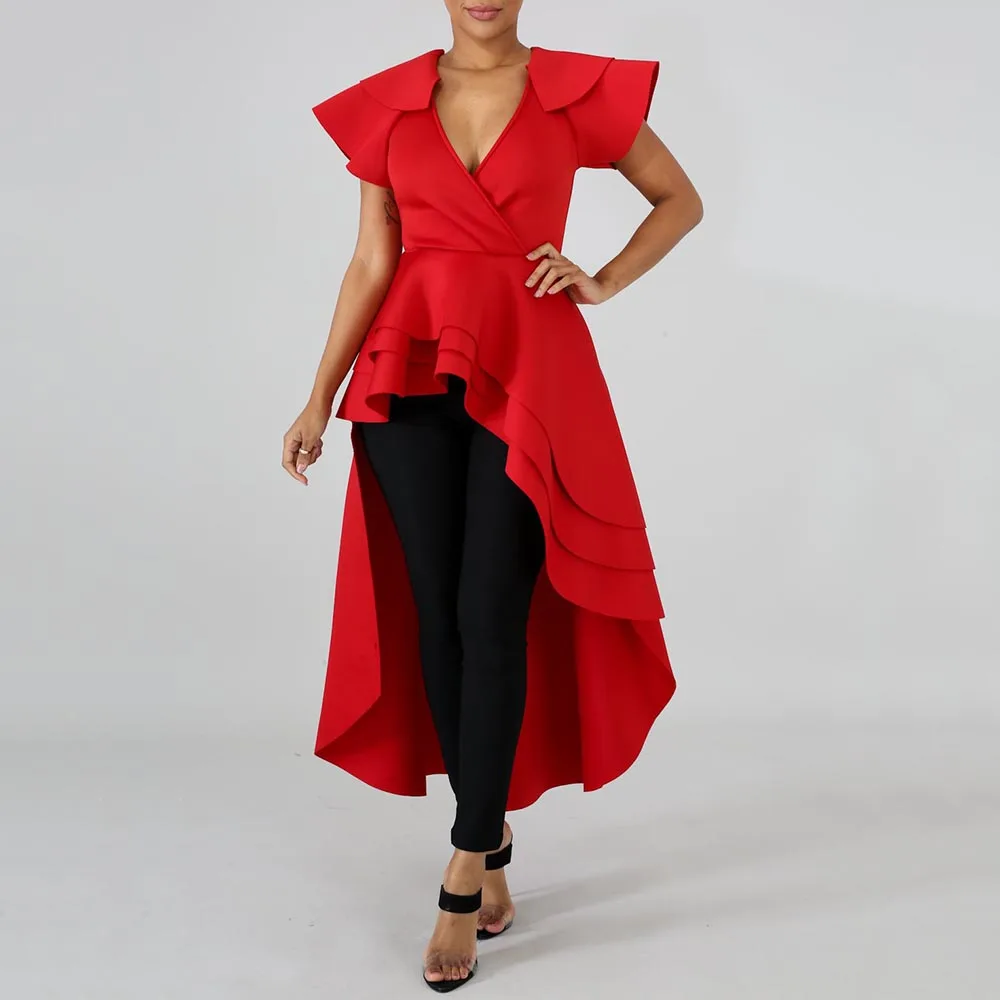 Женская Асимметричная блузка с оборками красная длинная в африканском стиле