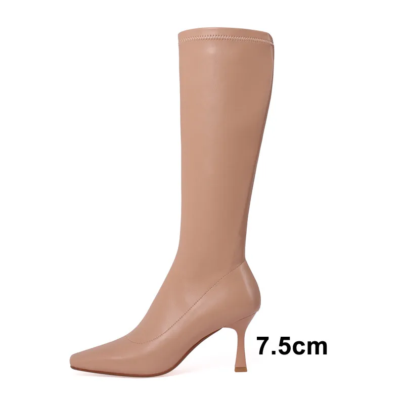 

ANNYMOLI Knee High Boots Women High Heel Stretch Boots Square Toe Stiletto Heel Shoes Zipper Ladies Long Boots Autumn Winter 40