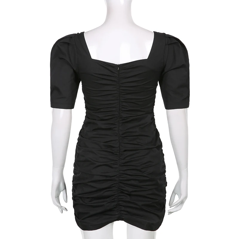 

Vintage Ruched Y2k Dress For Women Sexy 2021Summer Solid Square Collar Short Puff Sleeve Bodycon Outfits Party Dresses Female