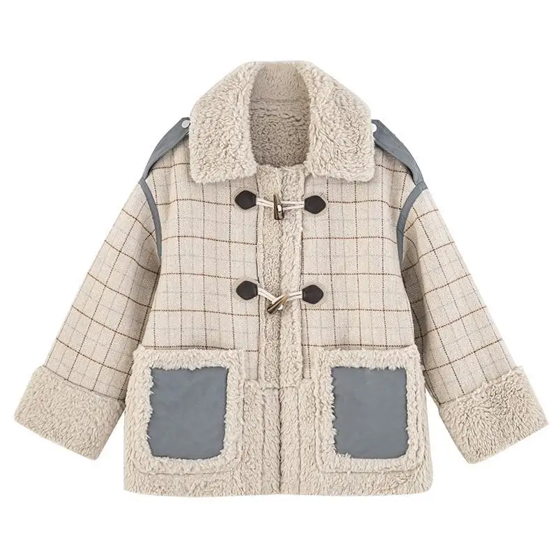 

Hstar Winter Vintage Fashion Thick Plaid Lapel Lambswool Coat Women Causal Horn buckle Coat