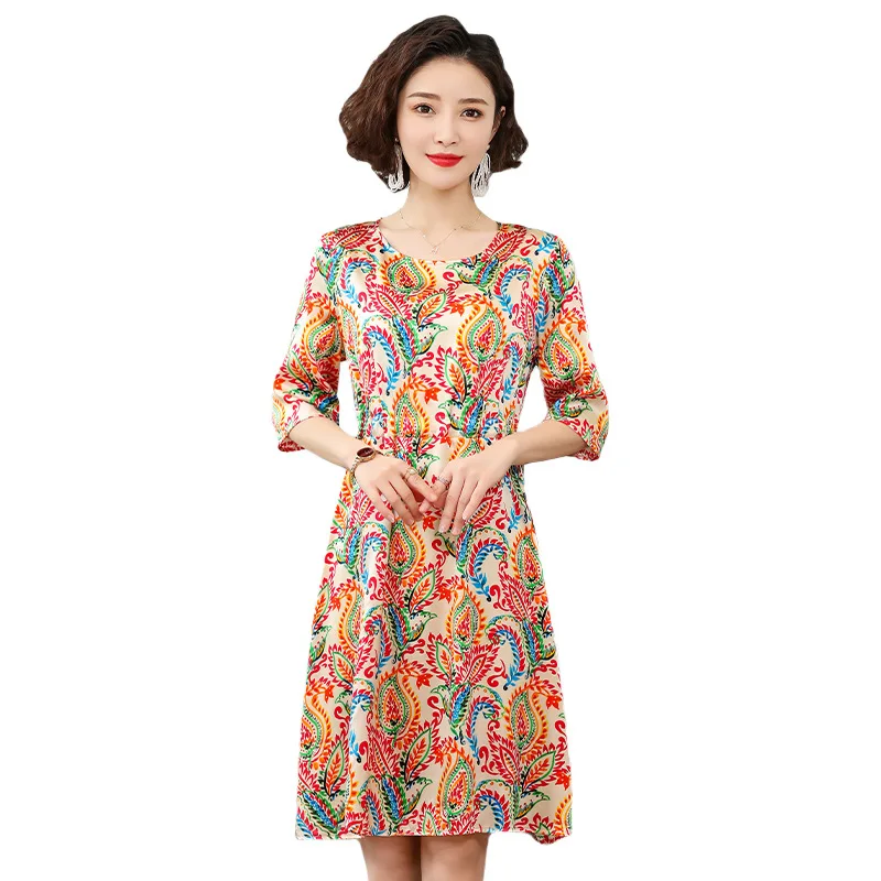 

Hangzhou silk dress women's 2021 new summer fashion medium sleeve floral large silk skirt