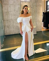plus size white arabic evening dress with short sleeves elegant mermaid high slit dubai prom dresses 2021 pleated formal gowns