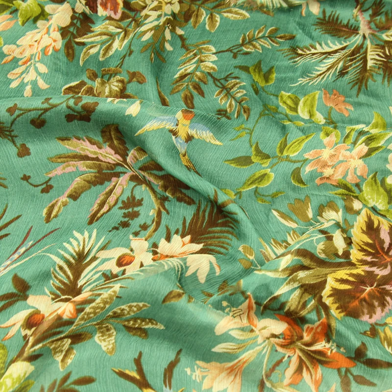 Шелковая ткань жоржет с цветочным и птичьим принтом очень мягкая прозрачная