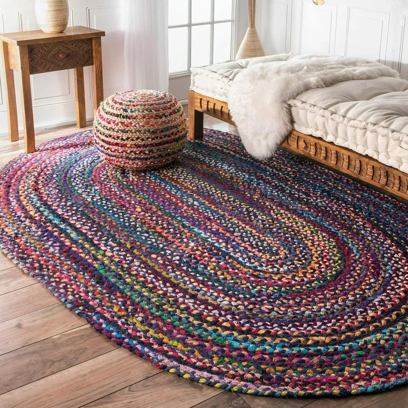 

Rug 100% Natural Cotton Handmade Reversible Oval Rug Modern Pastoral Style Color Carpet Home Living Area Rugs