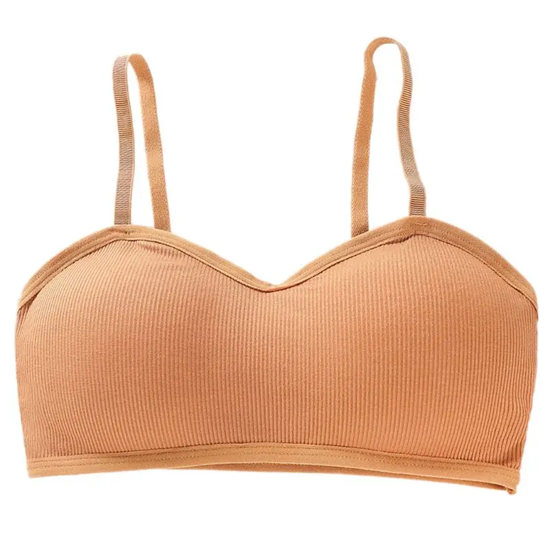Japanese Women Girls Ribbed Knit Sport Bralette Bright Candy Color Basic Underwear Spaghetti Strap Sponge Padded Cotton Crop Top