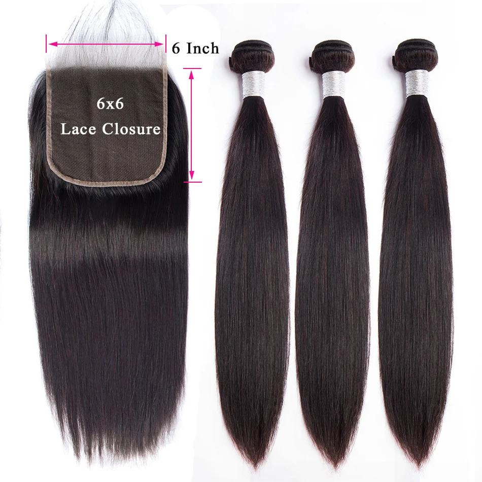 Малазийские прямые пучки волос с 6x6 закрытие длинные расставания Кружева