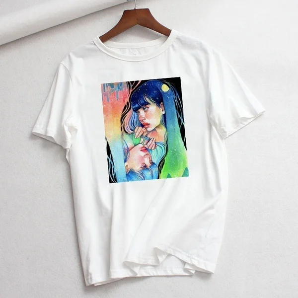 

xA8EK9 Vintage Summer Harajuku tees Cartoon Star Print Large Size Loose Female Short Sleeve Tops Ulzzang Sweet New Flower A