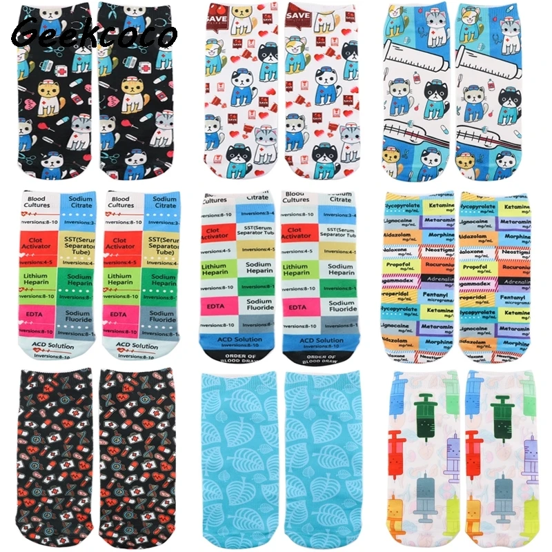 

Носки Короткие хлопковые с мультяшным котом, дышащие, повседневные, с медицинским узором, медицинские, для врача, медсестры, 10 пар