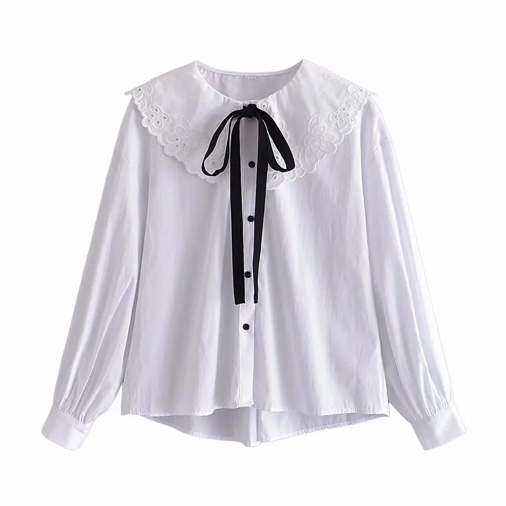

Willshela Women Fashion With Bow Solid Single Breasted Shirts Long Sleeves Peter Pan Collar Vintage Woman Blouse Chic Tops