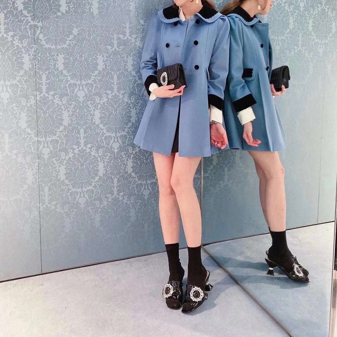 

Korean Fashion Cloak Jacket Women 2020 Korean Fashion Double-breasted Loose Casual Blue Wool Coat Women Autumn Winter Clothes