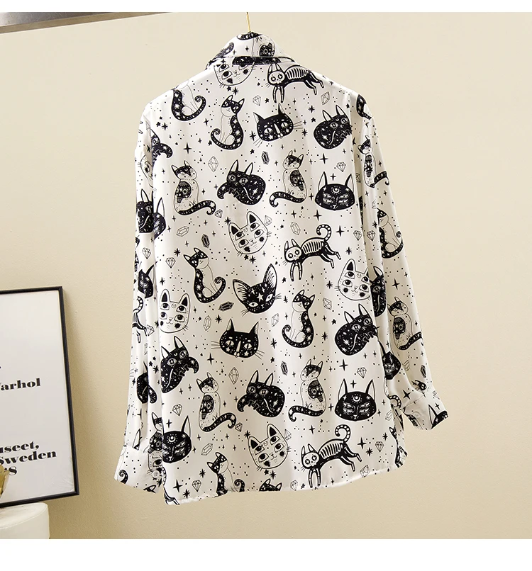 

Houthion Cartoon Print Chiffon Women's Blouses Spring Summer Fashion Casual Retro Temperament Long Sleeve Blouse Top Woman Shirt