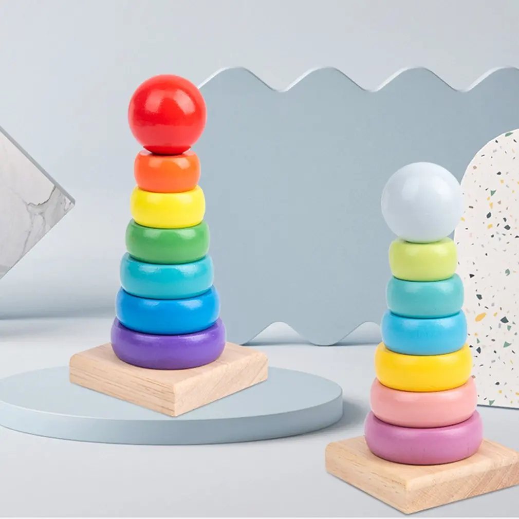 

Warm Color Rainbow Stacking Ring Tower Stapelring Blocks Kids Wooden Montessori Educational Teaching Aids Toddler Baby Toys Game