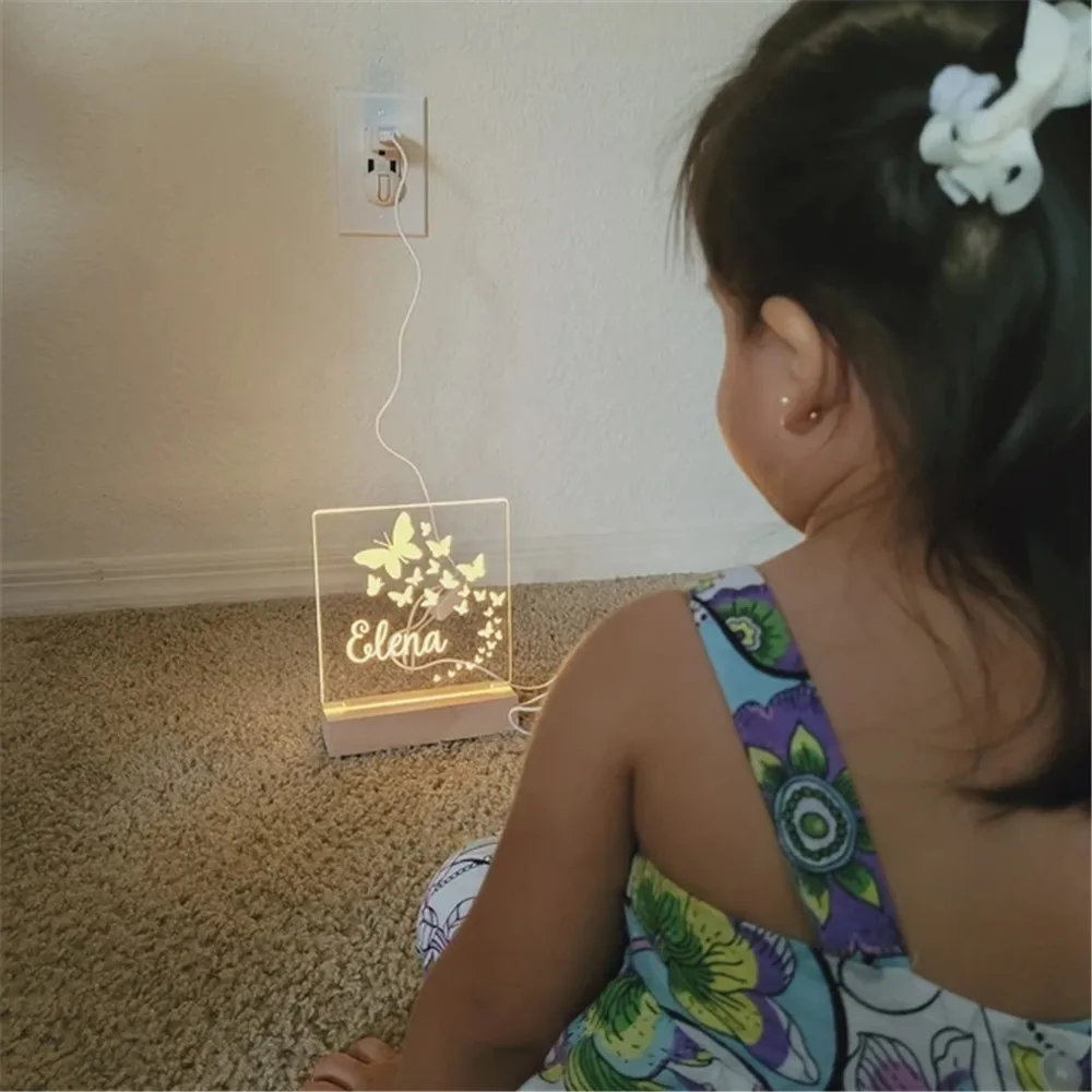 Персонализированная ночная лампа на USB с LED-подсветкой с животными, бабочками, единорогами, эльфами и динозаврами, из акрила, с индивидуальной гравировкой имён, для декорации дома детей.