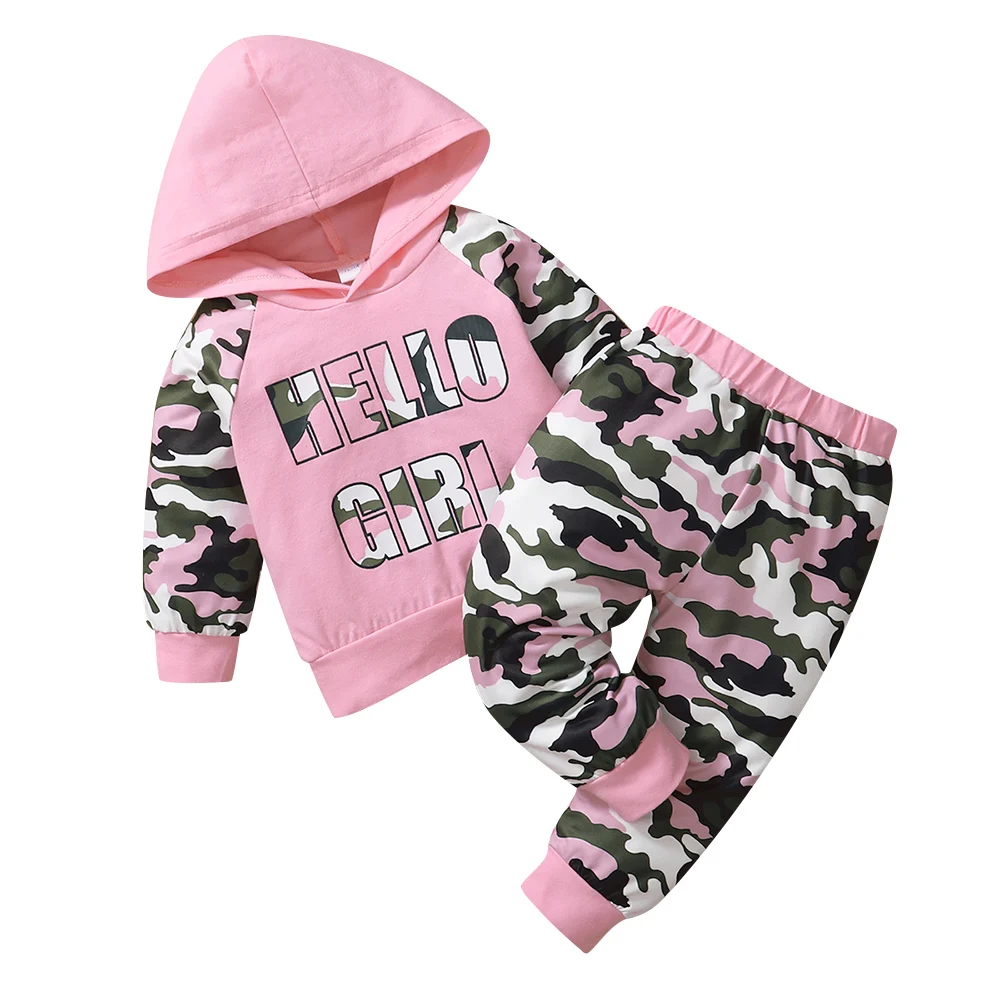 

Toddler Girls Pullover Hoodie Hooded Casual Camouflage Letter Printing Long Sleeve Athletic Cotton Knitted 2 Piece Set Clothing