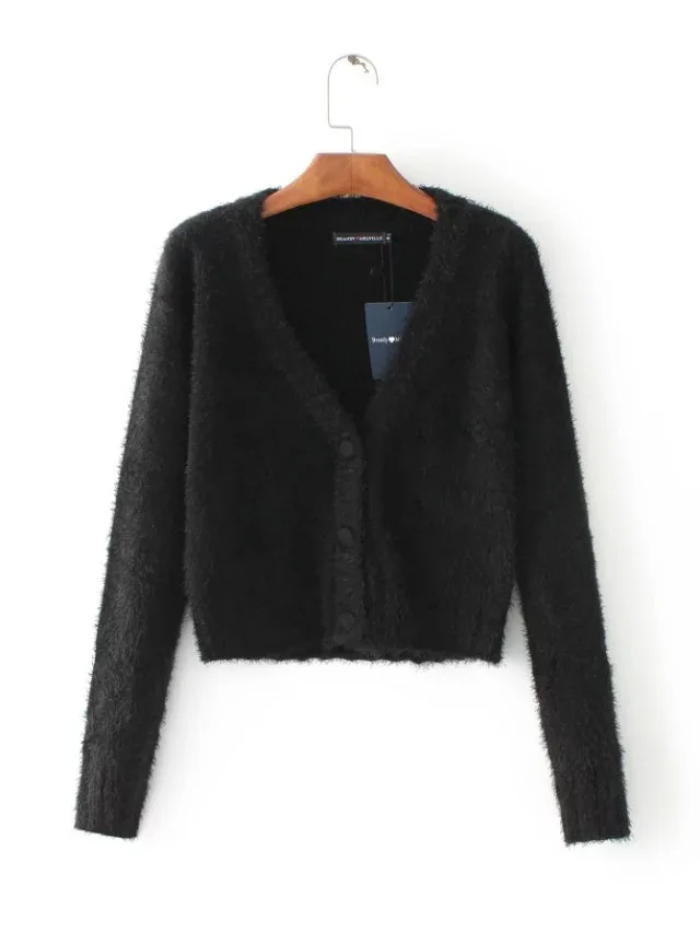 Mohair Knitted Single Breasted Solid Cropped Cardigan Women Autumn 2020 Long Sleeve V Neck Sweater Female Streetwear Jumper Tops |