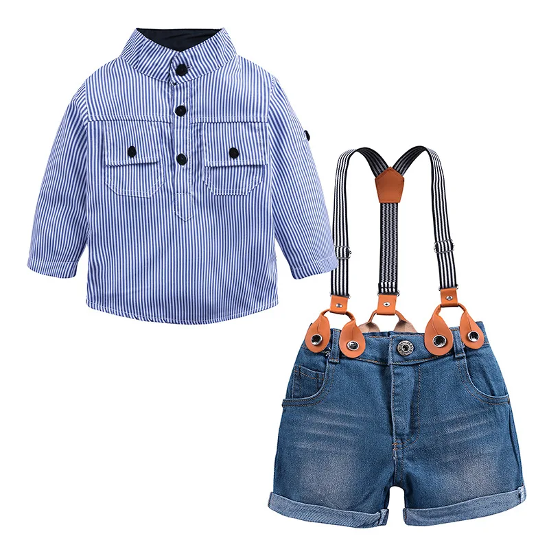 

European and American handsome boy blue striped shirt denim overalls