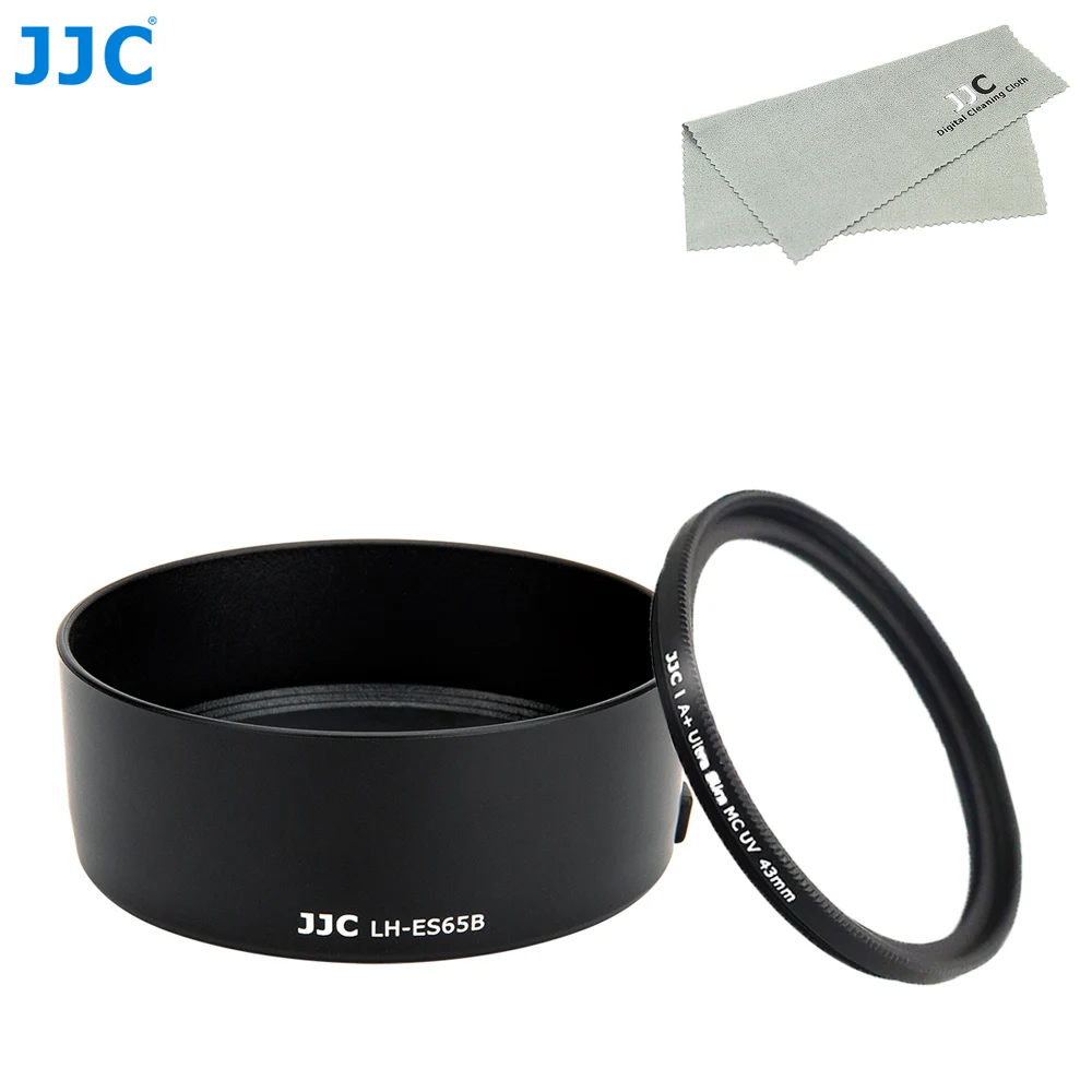 

JJC ES-65B Lens Hood Shade for Canon RF 50mm F1.8 STM Lens on EOS R6 Ra R RP R5 C70 with 43mm UV Filter + Micro Fiber Lens Cloth